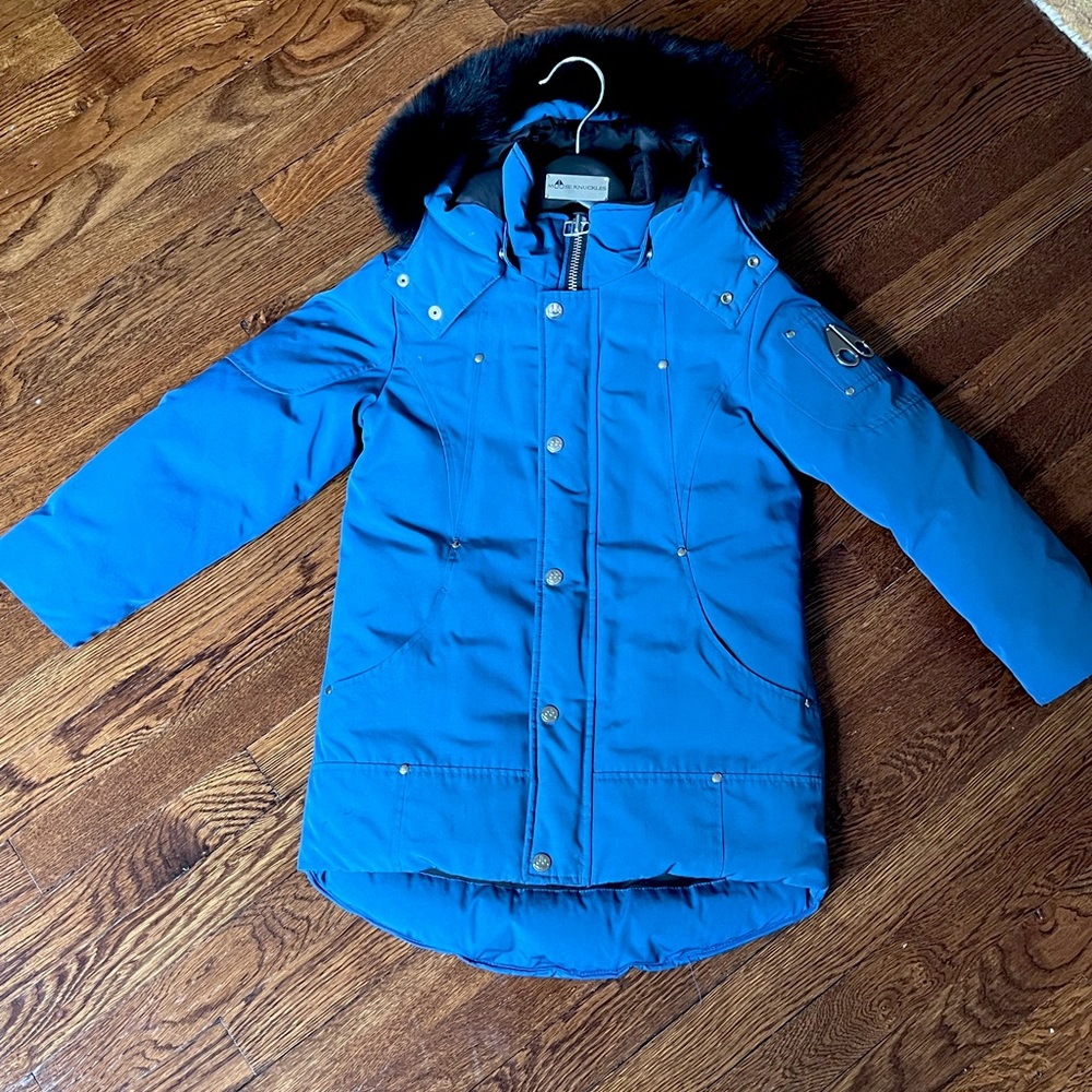 Kids Moose Knuckles down coat blue S w/ fox fur hood